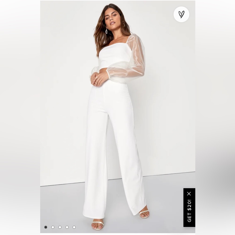 Lulus Sheerly Sultry Ivory Organza Balloon Sleeve Two-Piece Jumpsuit Size L 🤍